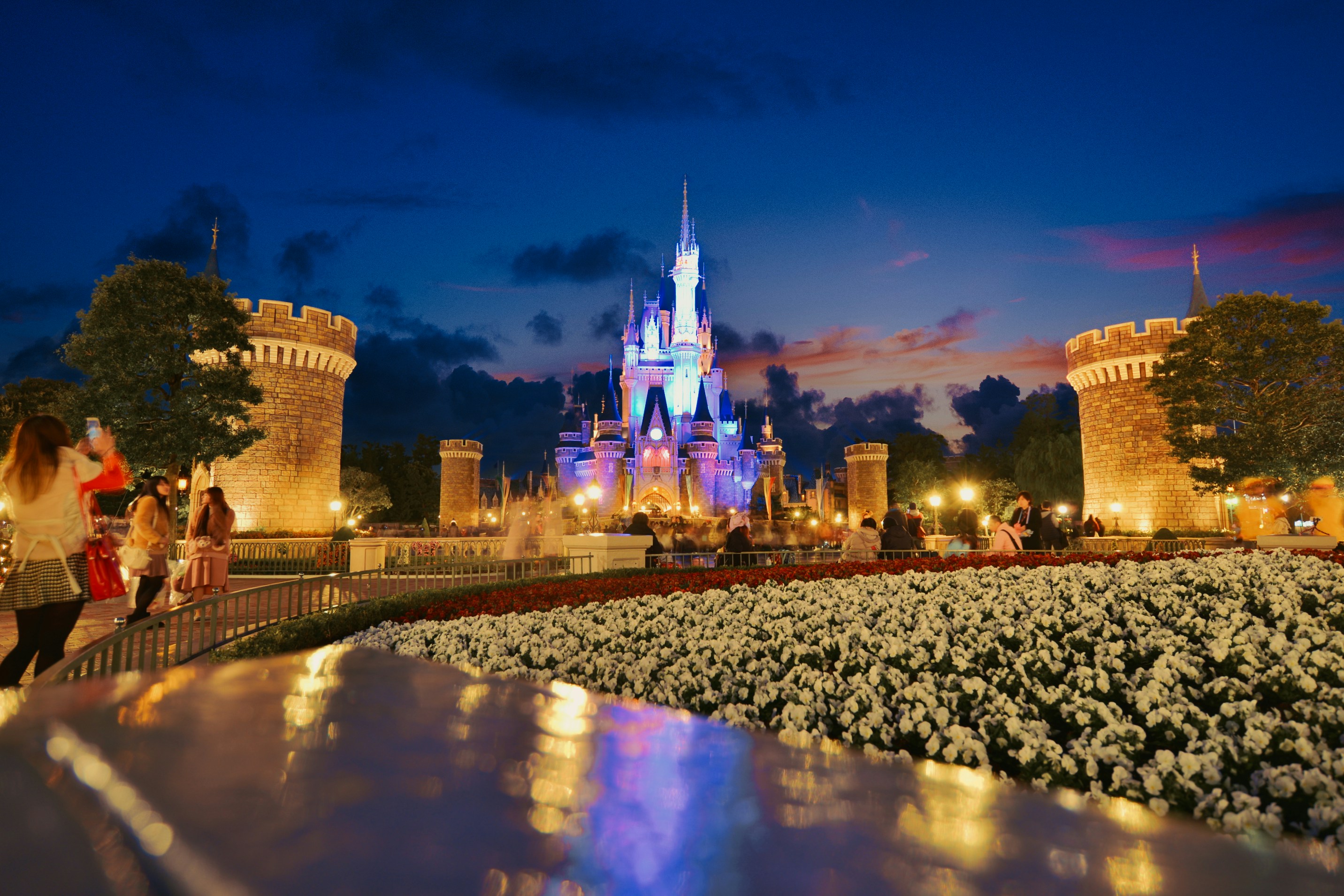 An illuminated Disney castle at dusk, framed by flowers and a deep blue sky